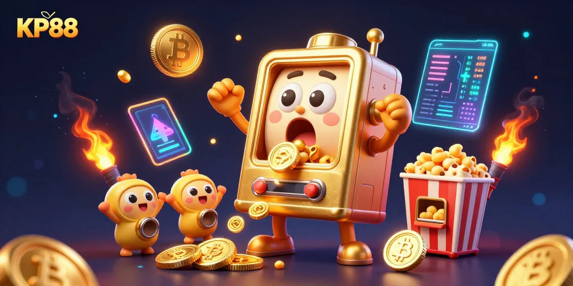 Engage with KP88's vibrant gaming world, featuring a golden slot machine celebrating its jackpot amidst glowing crypto coins.