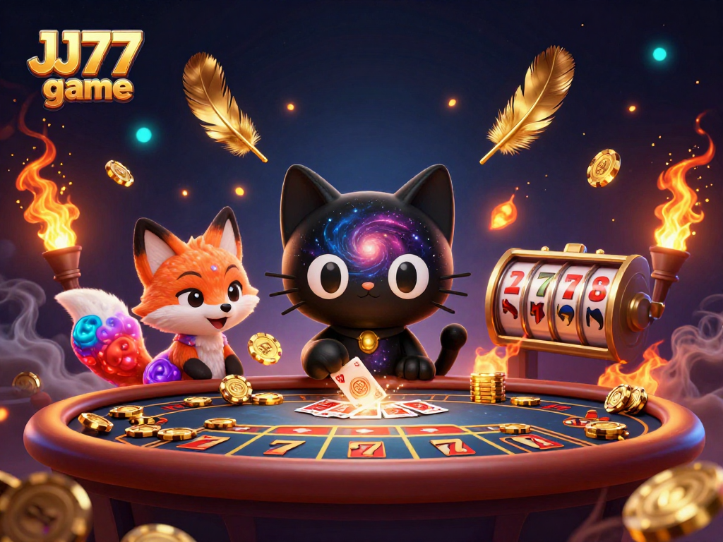 Engage with the JJ77 game at a cosmic casino featuring a black hole cat and nebula fox.