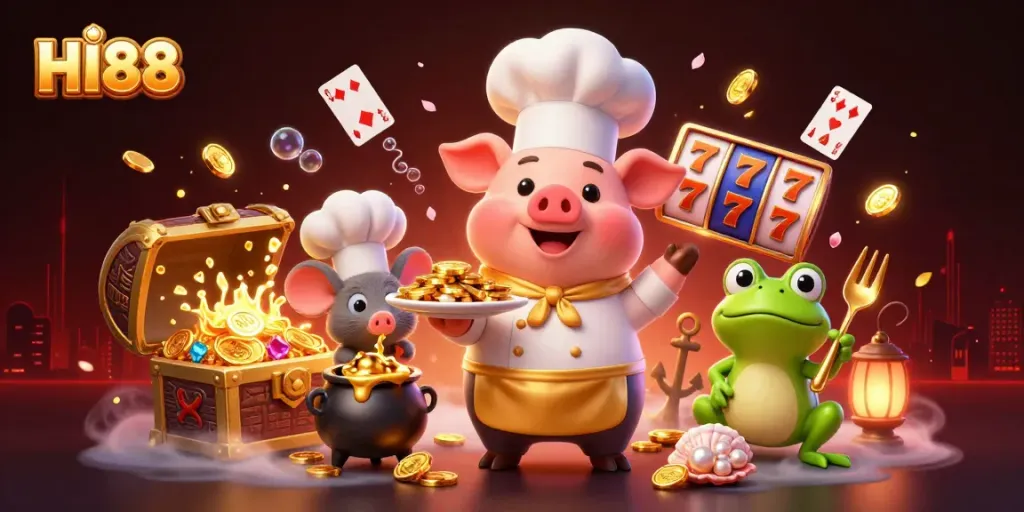 Engage with HI88's vibrant gaming scene featuring imaginative characters and dynamic casino elements.