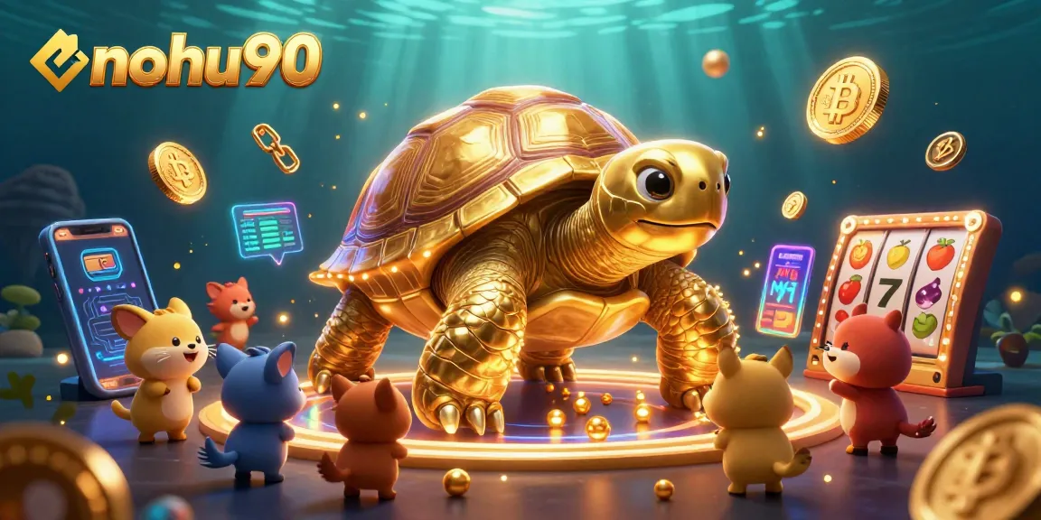 Nohu90 engaging casino scene with a golden tortoise pinball machine and cryptocurrency elements.