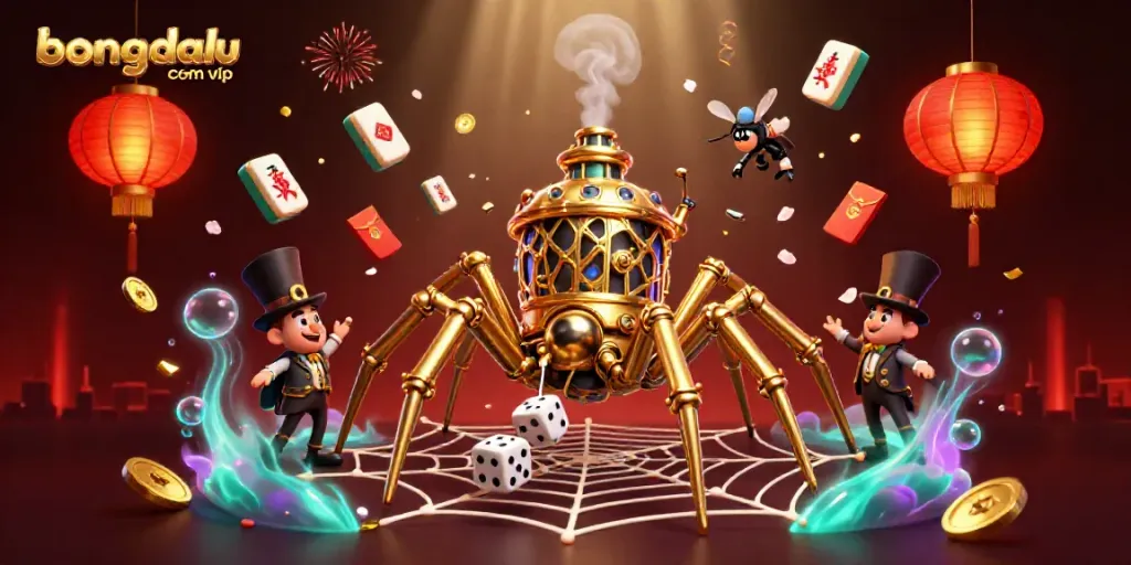 Bongdalu com vip showcases a vibrant 3D scene filled with steampunk elements and luxurious gaming symbols.