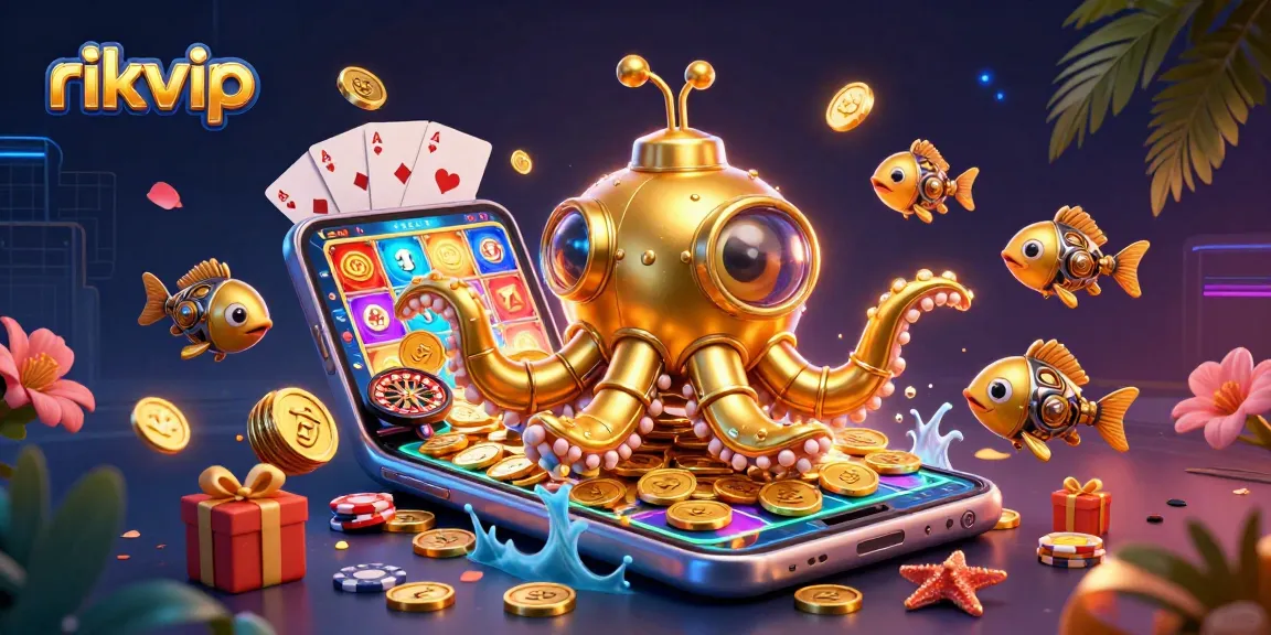 Win big with rikvip's adventurous games, featuring a golden kraken submarine in 3D.