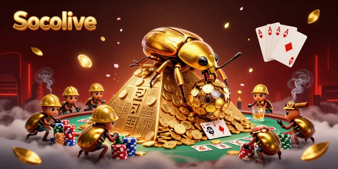 Socolive delivers real-time sports excitement as cartoon beetles roll golden coins, creating a vibrant casino atmosphere.