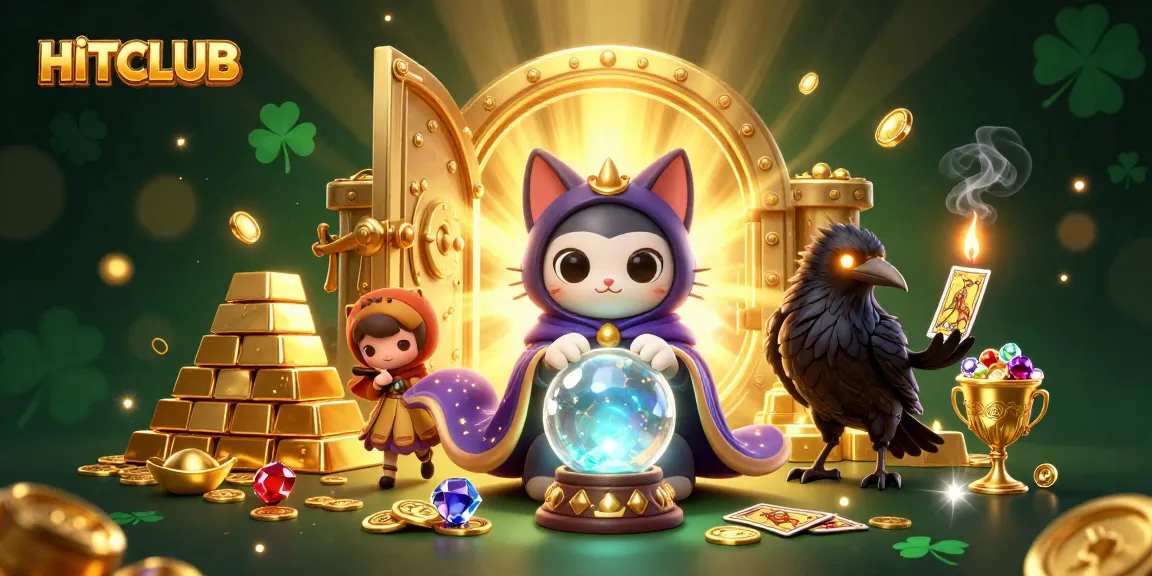 HITCLUB features a mystical cat and a raven in a vibrant casino scene, showcasing golden treasures.