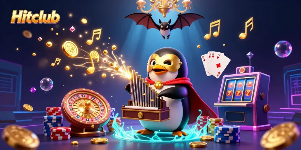 Engage with Hitclub's exciting gaming experience featuring vibrant illustrations of characters and casino elements.