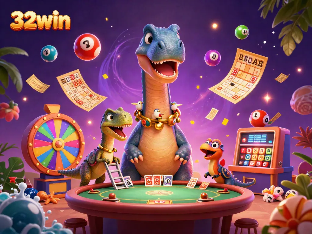 Experience thrilling gaming at 32win with a spectacular casino scene bursting with excitement and animated characters.