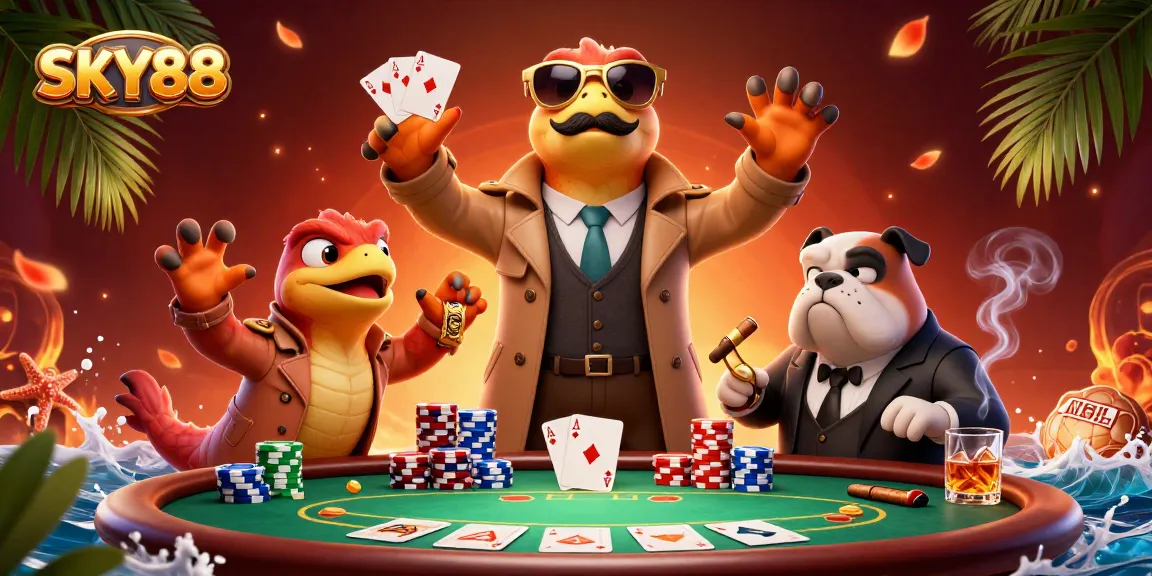 Engage in thrilling gameplay with SKY88 featuring 3D raptors in a trench coat at a dynamic casino scene.