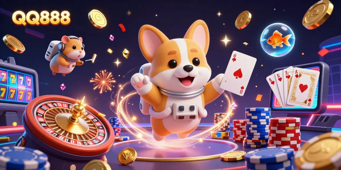 Experience the excitement of QQ888 in a vibrant 3D casino illustration featuring an astronaut corgi.