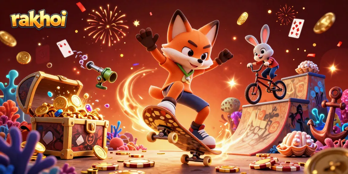 Experience rakhoi gaming excitement with a dynamic 3D illustration featuring a skateboarder fox.
