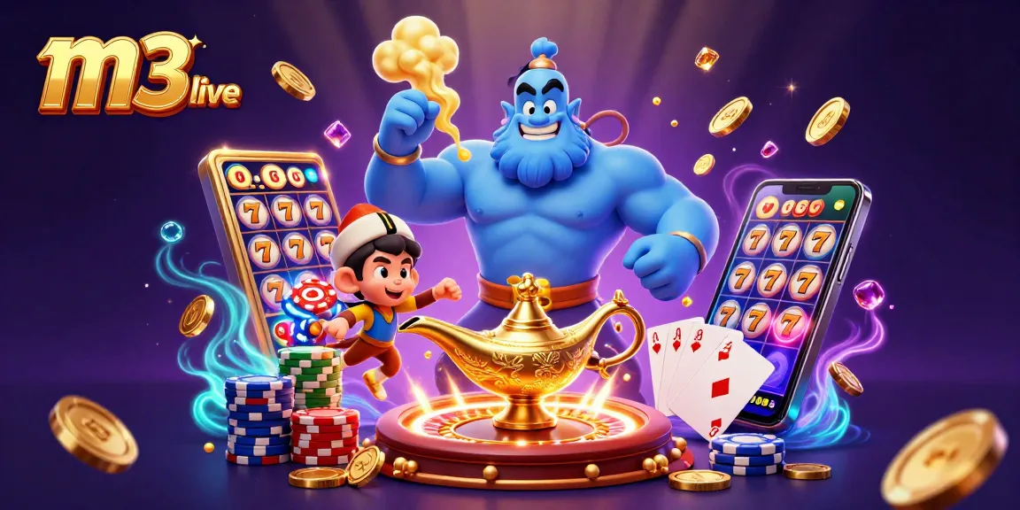 Spin for big wins at m3 live, featuring a genie, poker chips, and vibrant casino elements.