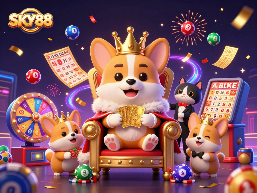 SKY88 showcases a vibrant gambling scene with a royal corgi and dynamic lottery elements.