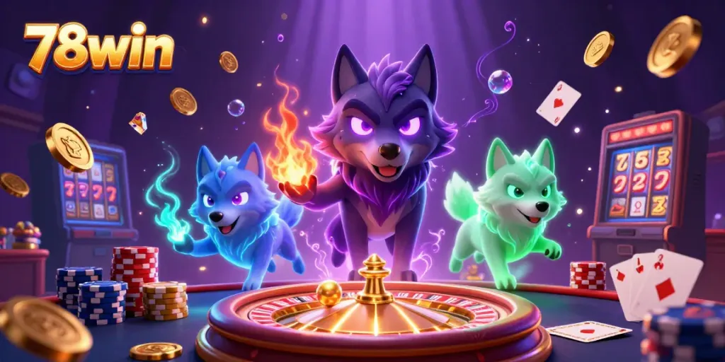 Experience the thrill of 78win casino with vibrant characters, glowing gems, and energetic game elements.