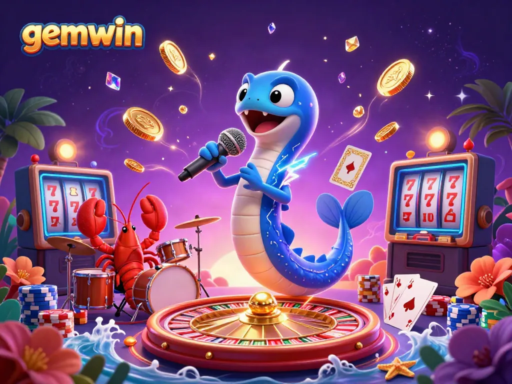 Engage with gemwin's vibrant underwater casino scene featuring a DJ eel and band amidst cascading winnings.