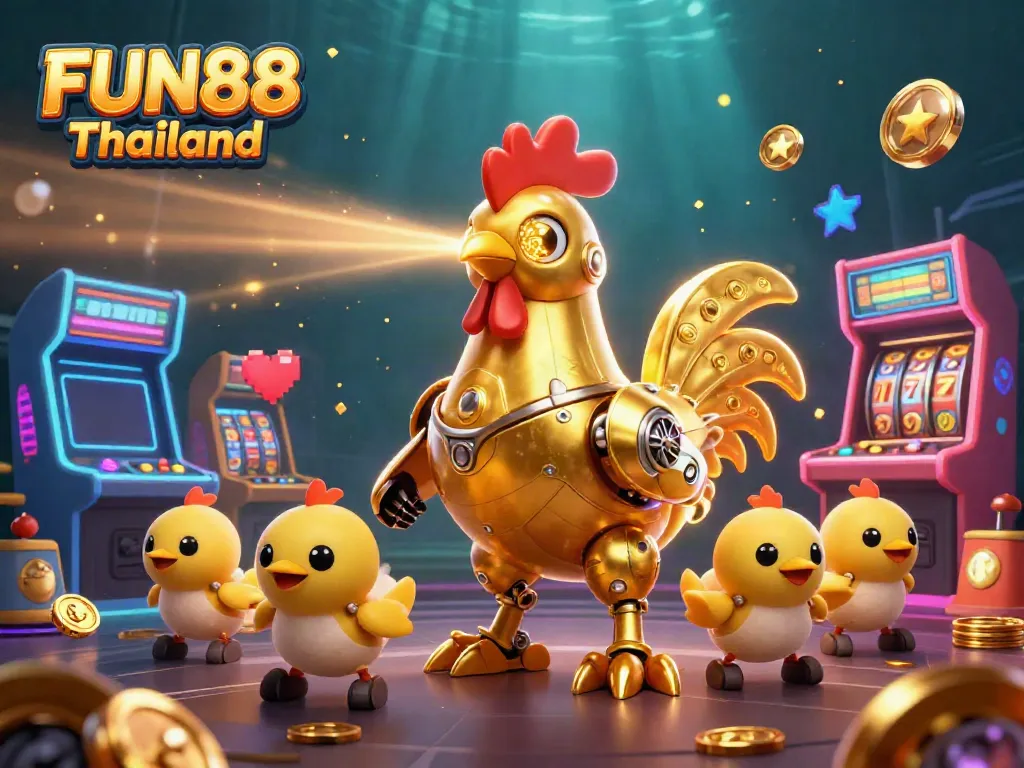 Experience FUN88 Thailand with a vibrant 3D scene featuring a golden rooster robot and baby chick drones amidst colorful gaming elements.