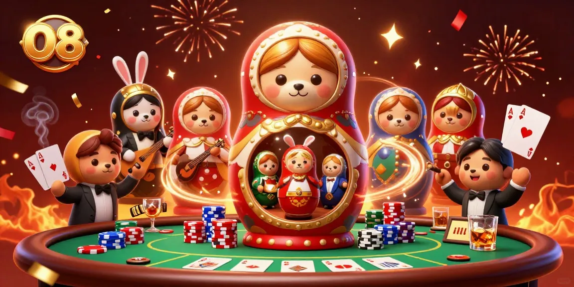 Play exciting card games at O8 with colorful poker chips and celebrating characters.