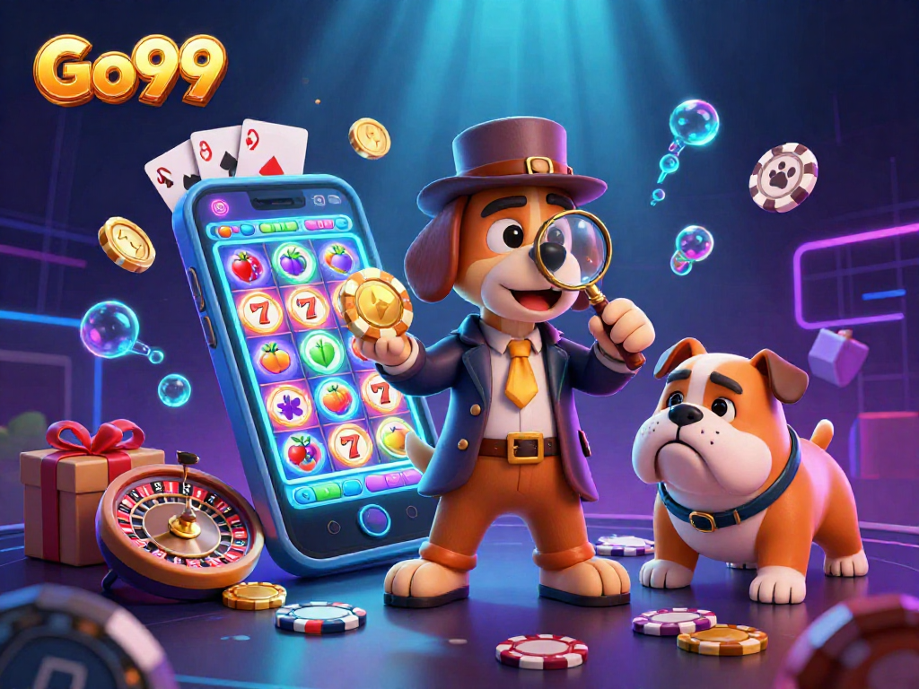 Join Go99's cartoon detective examining poker clues in a vibrant casino scene.