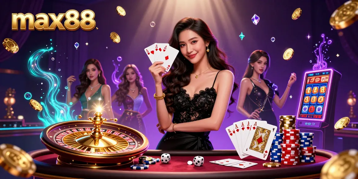 Experience the thrill of winning with max88 at a luxurious casino scene showcasing an elegant woman holding playing cards.