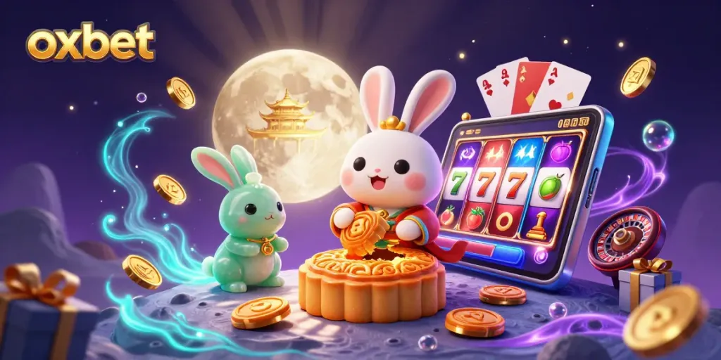 Experience exhilarating gaming with oxbet, featuring a dynamic scene of a moon rabbit and casino elements.
