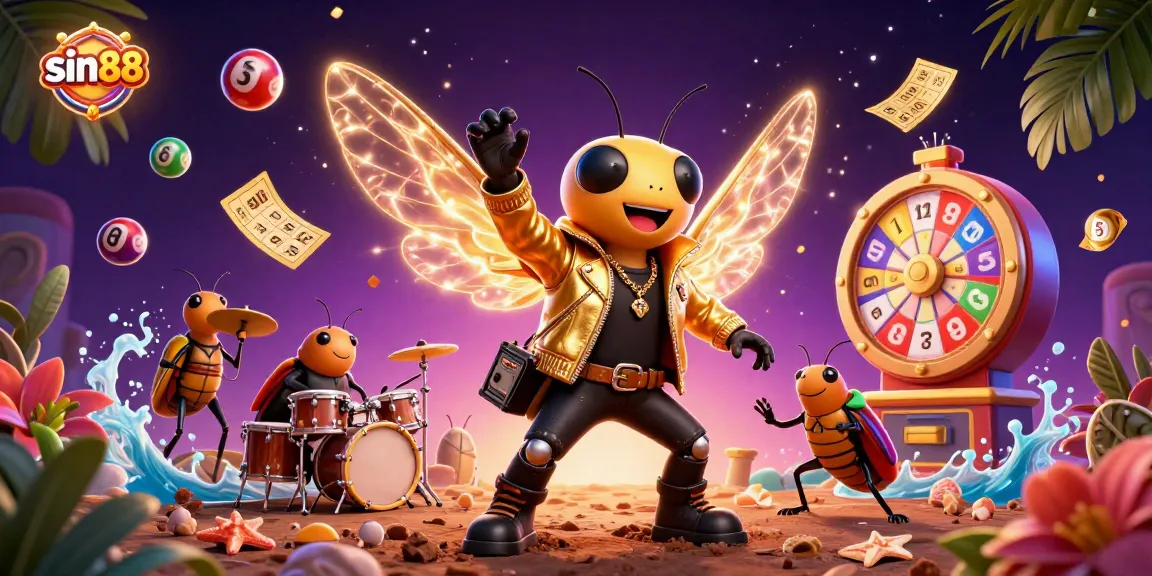 Experience the vibrant energy of sin88 with a rock star cicada, dynamic lottery elements, and lively casino visuals.