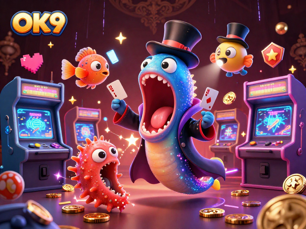 OK9 showcases a colorful scene with a deep-sea eel magician, anglerfish, and a sea cucumber in a casino-themed illustration.