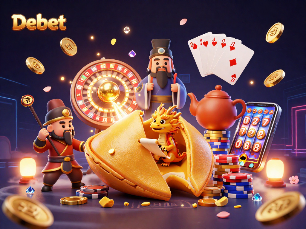Bet big at Debet with vibrant 3D illustration featuring gaming elements and mystical characters.