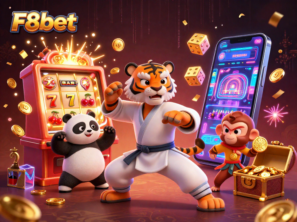 Engage in F8bet's thrilling adventures with a kung fu tiger, panda disciple, and playful monkey amidst vibrant casino elements.