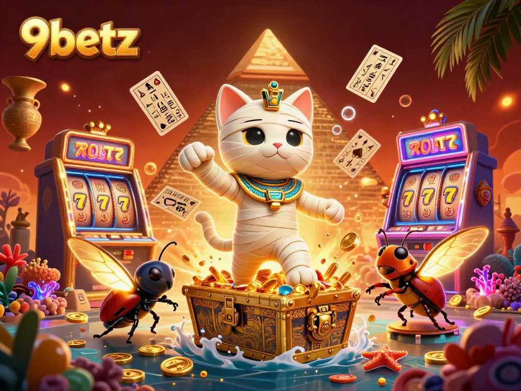 Engage in thrilling casino adventures with 9betz's vibrant, dynamic celebration featuring an Egyptian mummy cat.