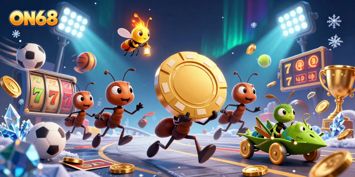 ON68 showcases a vibrant heist scene with a team of ants, golden chips, and sports elements.