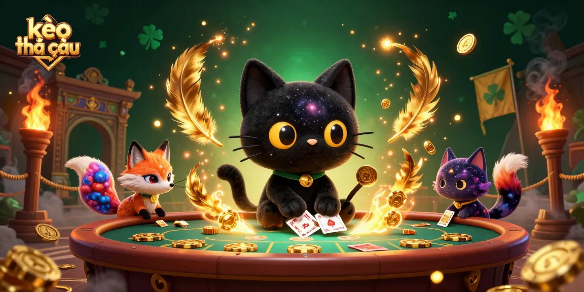 Engage in kèo nhà cái action with a swirling cosmic cat at an animated casino table.
