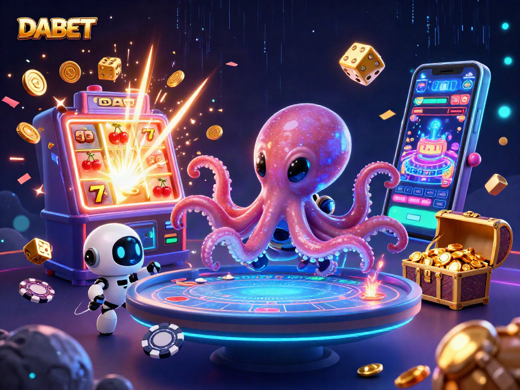 DABET reveals a vibrant virtual casino experience with a beeping robot and an alien octopus at a holographic poker table.