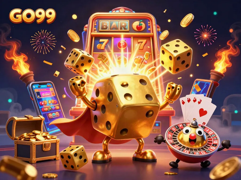 Experience the thrill of GO99 with golden dice and dynamic casino graphics.