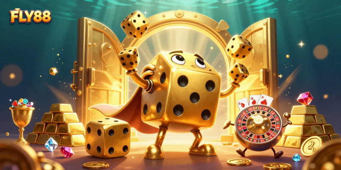 FLY88 showcases dynamic casino magic with whimsical golden dice in a sparkling treasure scene.