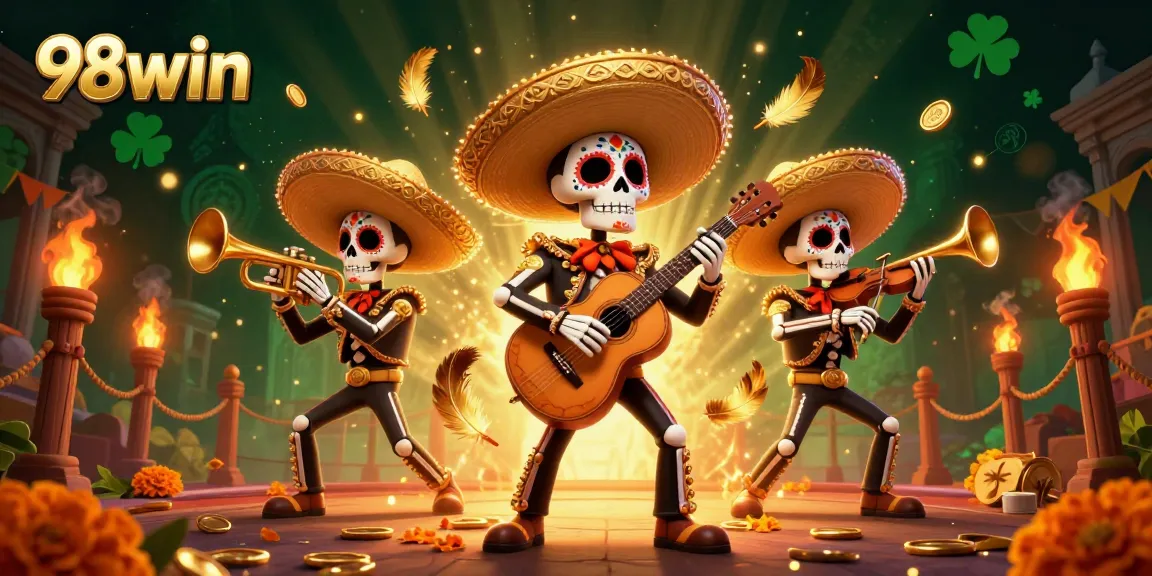 Play vibrant games at 98win's colorful 3D mariachi skeleton casino scene filled with excitement.