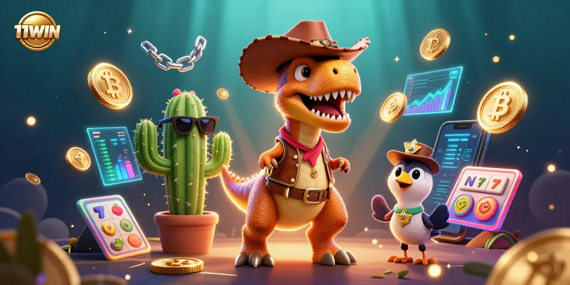 11WIN showcases a vibrant 3D casino scene with a cowboy dinosaur and crypto elements.