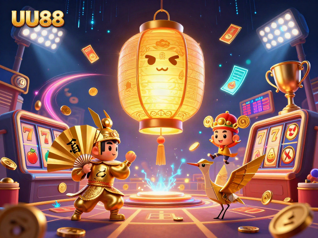 UU88 slots come alive with a vibrant 3D scene featuring golden lanterns and dynamic casino elements.