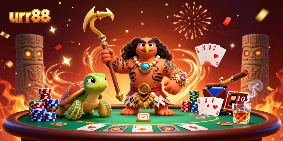 Experience thrilling action at urr88 with a vibrant 3D casino scene featuring poker elements and dynamic characters.
