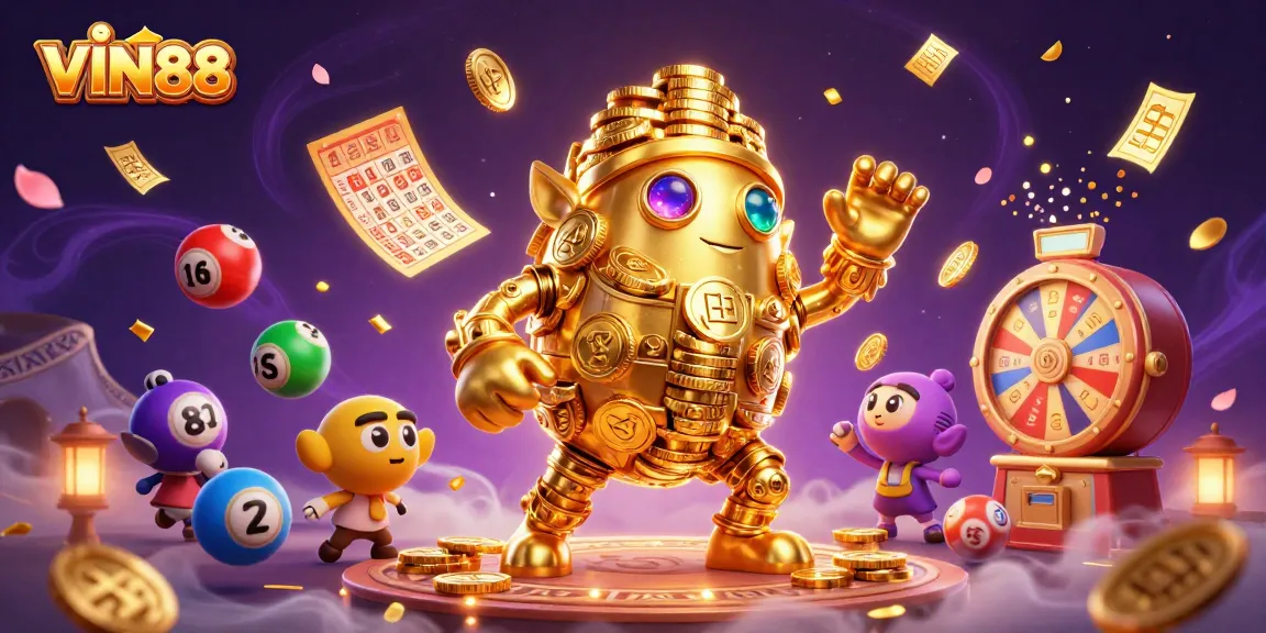 Join the excitement at VIN88 with a dynamic 3D golden golem and lottery frenzy illustration.