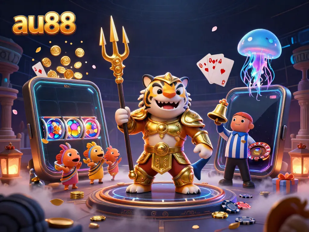 Experience thrilling gaming with au88's vibrant underwater casino scene featuring slot games and unique characters.