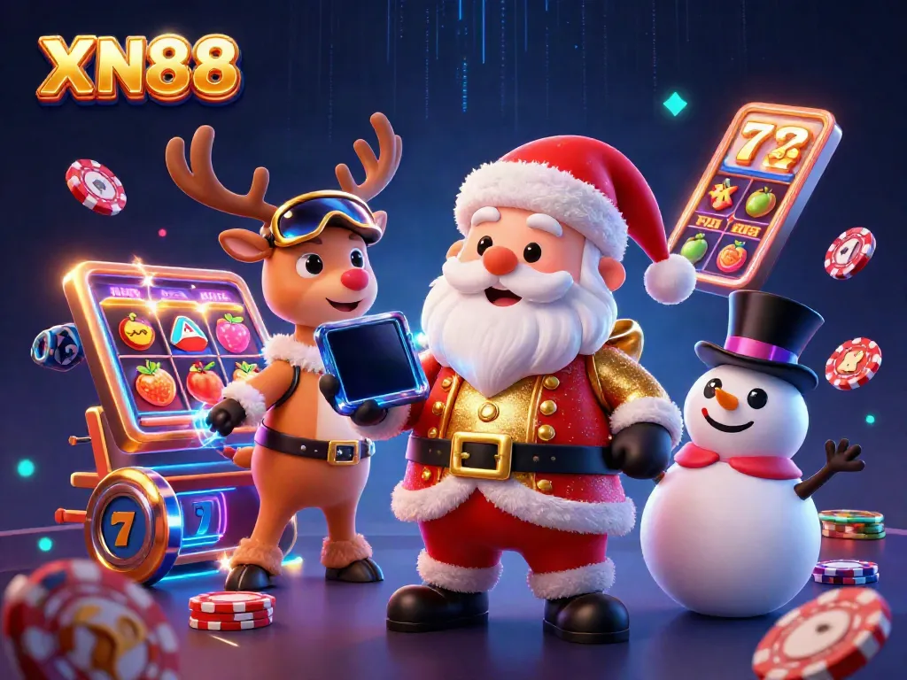 Experience XN88's exciting casino atmosphere with Santa, a reindeer dealer, and a poker chip snowman.