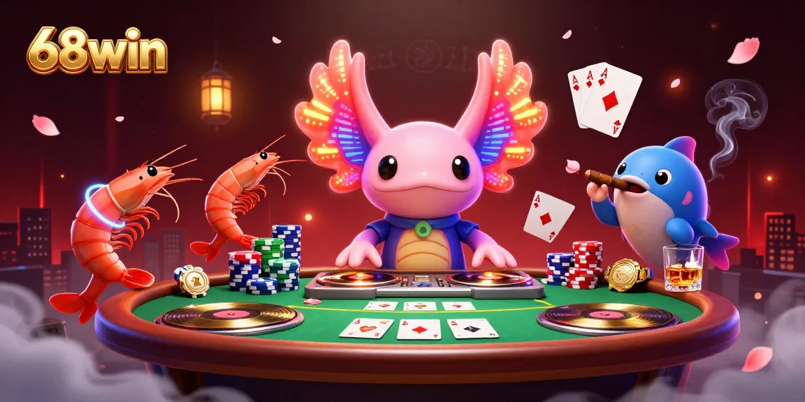 Engage with 68win's vibrant casino scene featuring an axolotl DJ and poker elements.