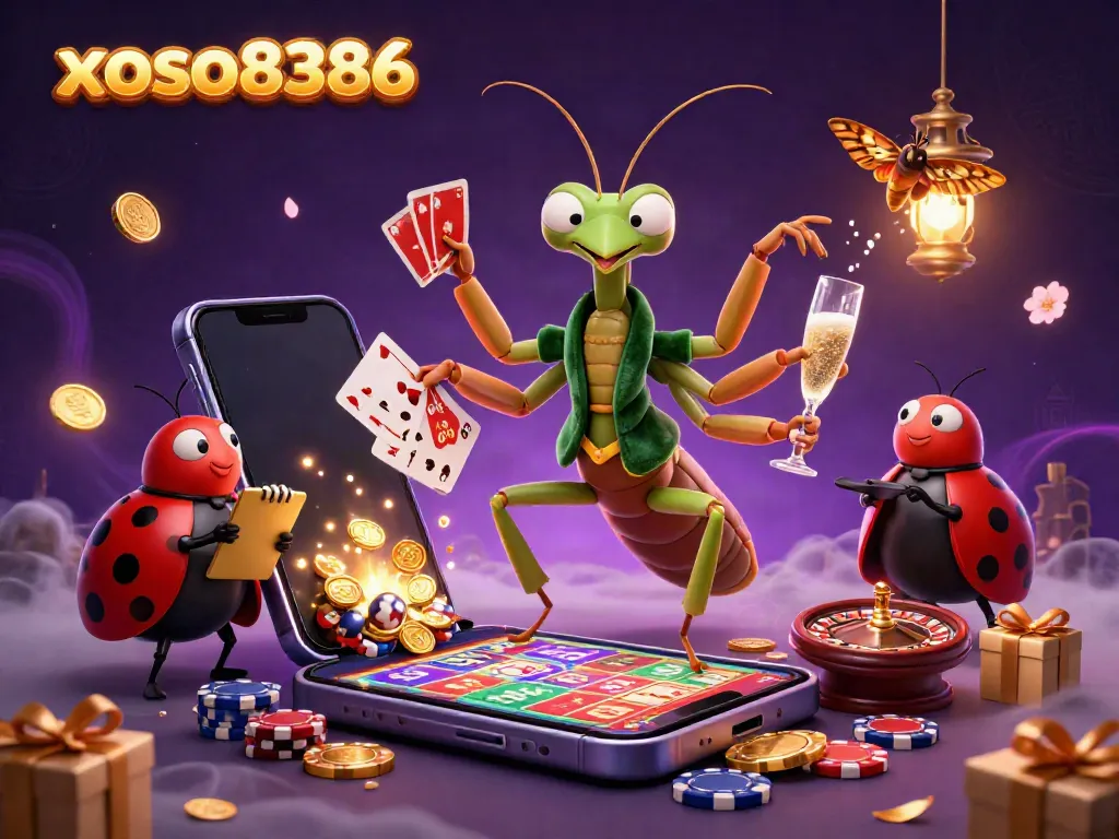 Experience the excitement of xoso8386 with a giant mantis dealer and vibrant lottery elements.
