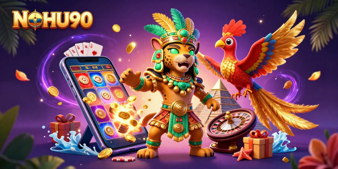 NOHU90 showcases a vivid scene of a Mayan jaguar priest with casino elements, symbolizing jackpot excitement.