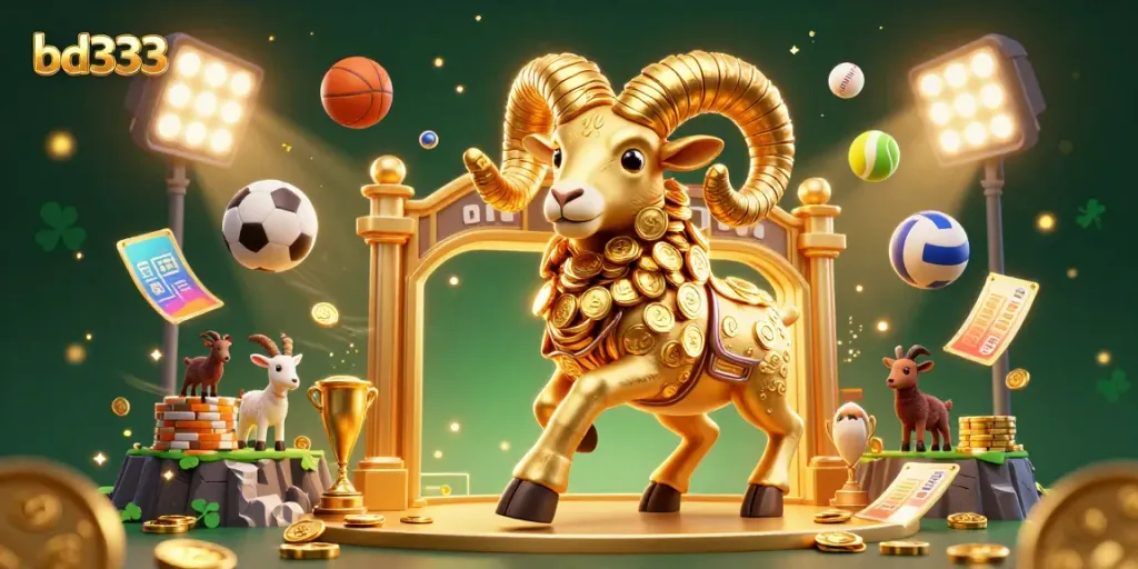 Engage with bd333 through this vibrant 3D illustration showcasing dynamic sports betting elements, including animated sports balls and a golden trophy.