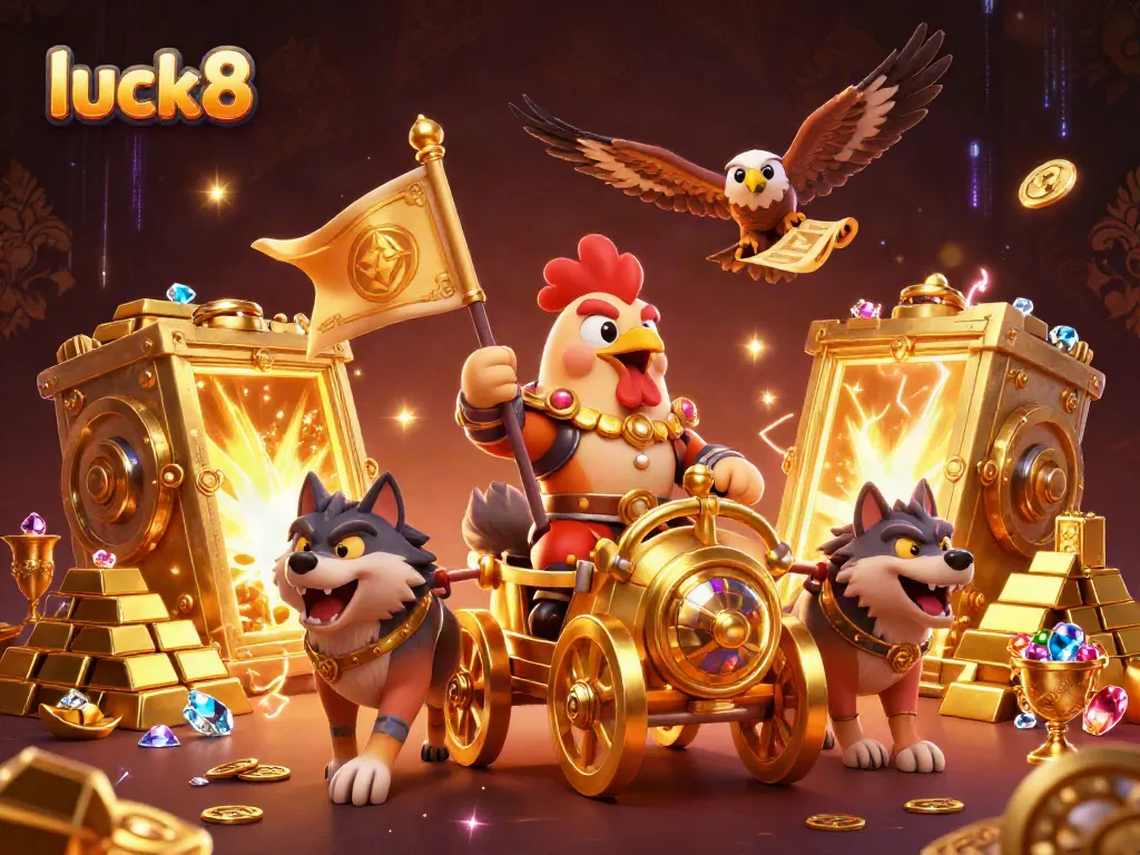 Unleash your luck8 with a vibrant casino scene featuring a rooster warlord and golden treasures.
