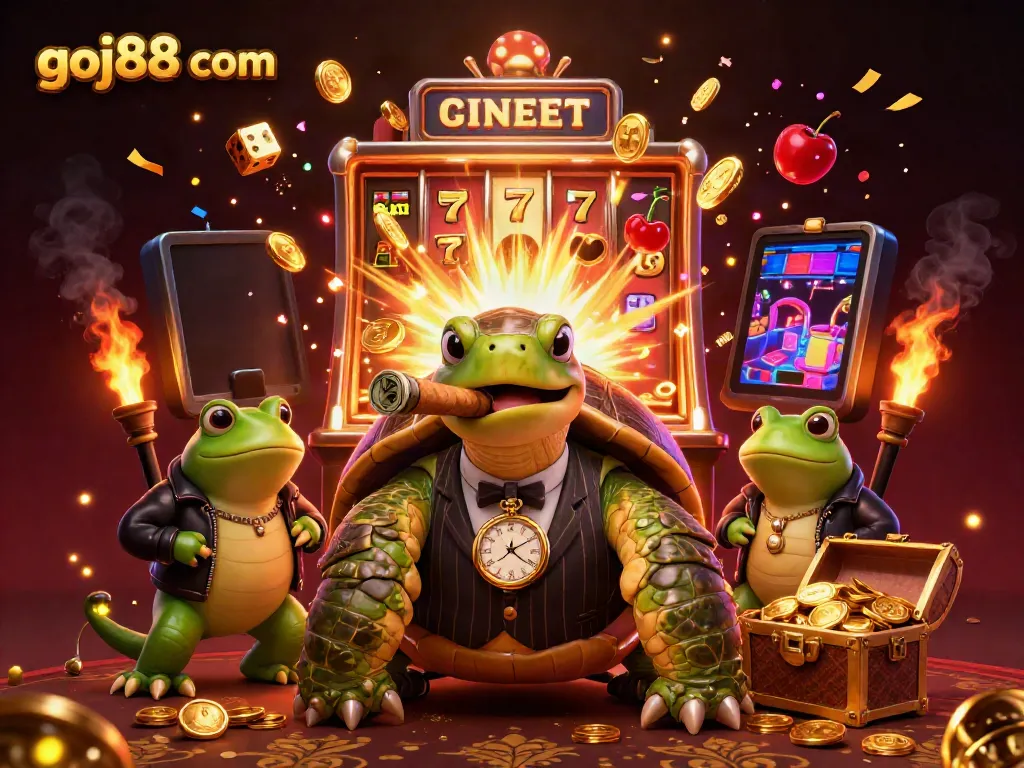 Experience the excitement at goj88 com with this vibrant slot machine jackpot scene featuring a mobster turtle and bullfrogs.