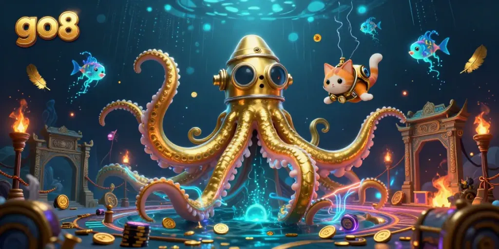 Experience thrilling gameplay with go8, featuring a kraken and a diving cat amid gold tokens and a casino backdrop.