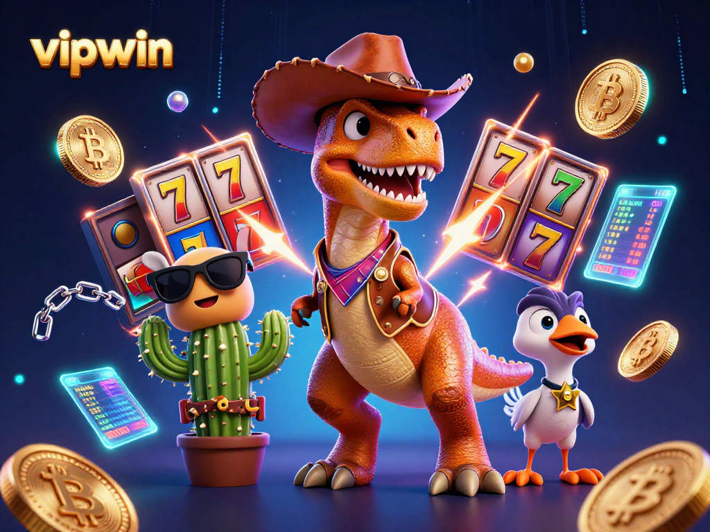 Bet on vipwin with dynamic 3D casino characters, slot elements, and energetic game atmosphere.