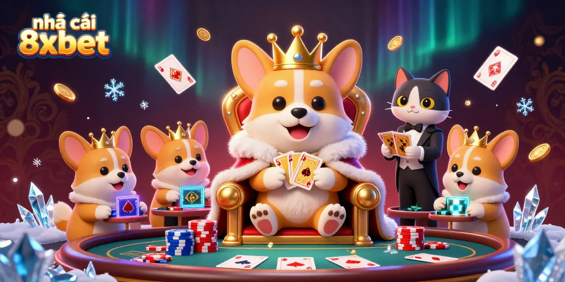 Engage with nhà cái 8xbet in an ultra-detailed 3D casino scene filled with poker elements and vibrant characters.