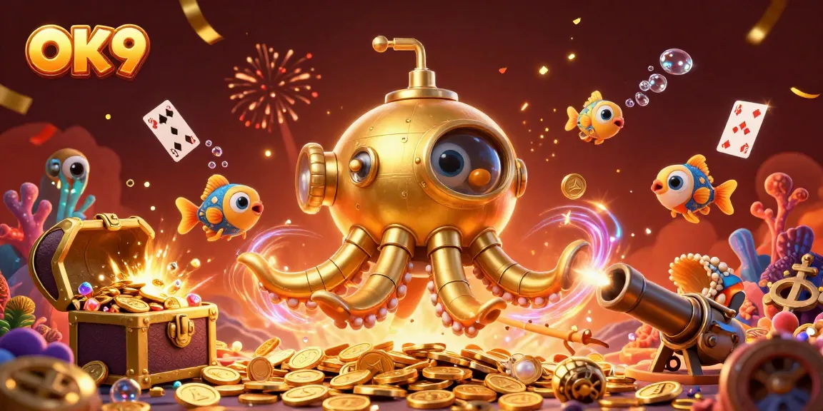 OK9 showcases an exciting 3D illustration of a golden kraken amidst coins, embodying online casino thrill.