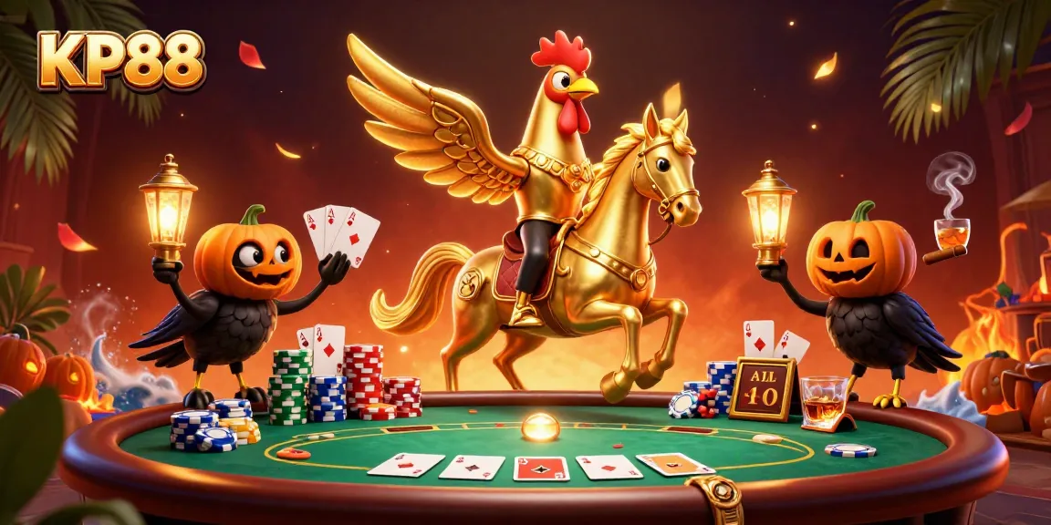 Experience KP88 with a vibrant casino scene featuring a golden rooster and dynamic gaming elements.